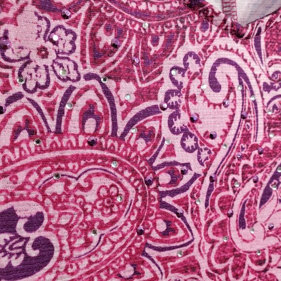 Catherines Size 2X P Top V Neck Light Jersey Knit Paisley Rhinestone Accents - Picture 7 of 10